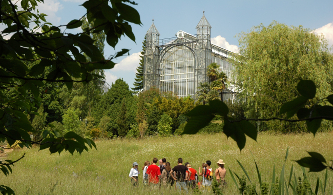 <p>Wiese mit Besuchergruppe</p>
