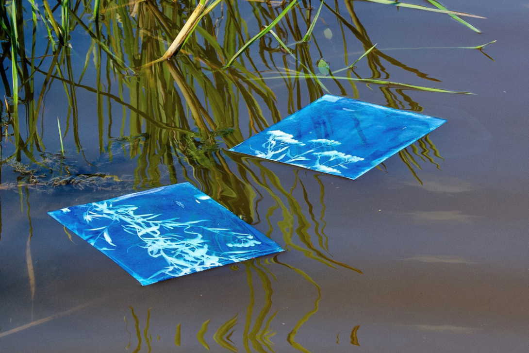 <p>Zwei Blätter Papier mit Cyanotypie-Druck auf einem natürlichen Gewässer schwimmend</p>